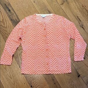 Garnet Hill Merino Wool Cardigan Geometric Stripe Dot Salmon Pink 3/4 Sleeve M